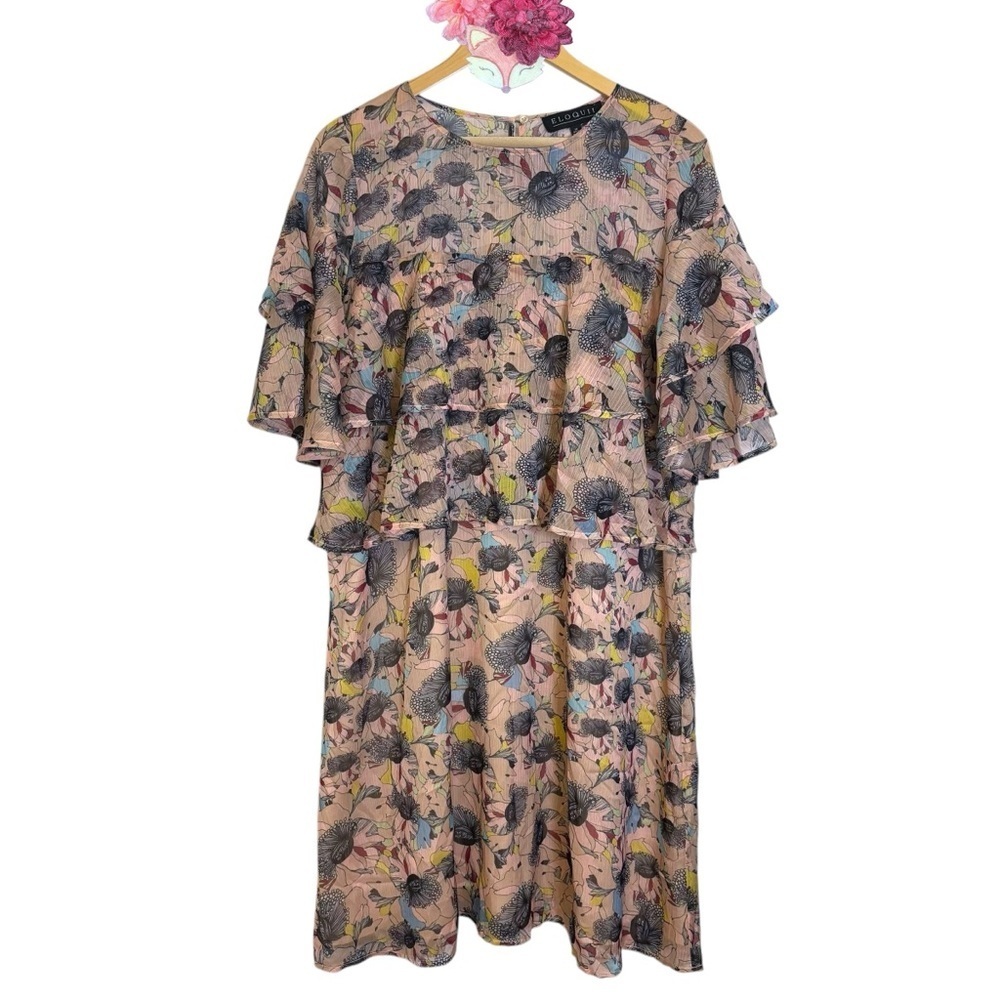 Eloquii dress blush pink floral crepe ruffle sleeve chest mini size 14